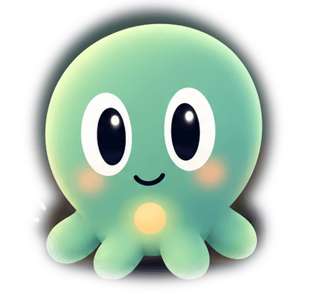 Poulpio, a little mint-green octopus with big oval eyes and a glowing dot on its belly