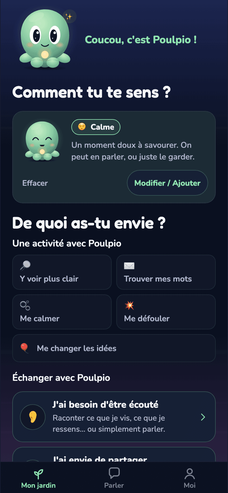 My garden screen: pick an emotion, four needs and the Talk freely with Poulpio button