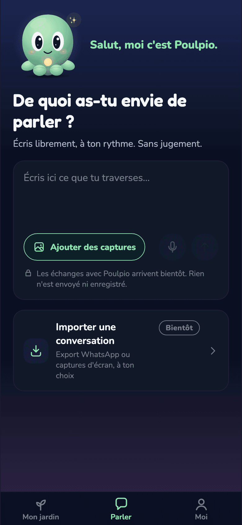 Talk screen: Poulpio welcomes you; the text field is disabled because the conversation is not connected yet